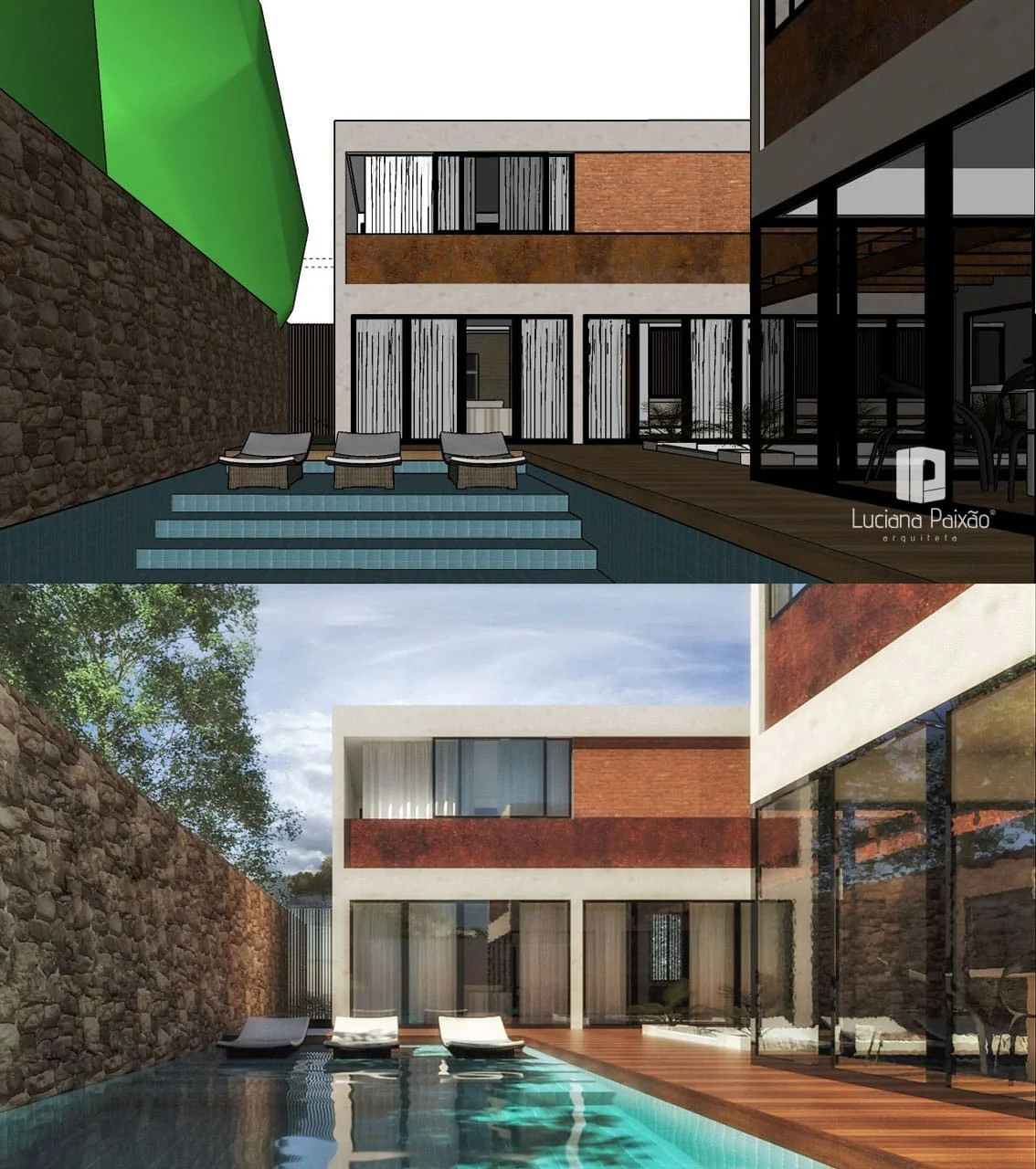 Modelo SketchUp e resultado renderizado Comparação entre modelo arquitetônico criado no SketchUp e resultado renderizado de uma residência com piscina