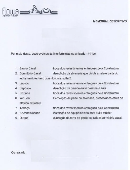 Exemplo de memorial descritivo para reforma de apartamento Memorial descritivo de reforma de apartamento com intervenções listadas por ambiente