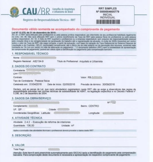 Exemplo de RRT para reforma de apartamento Exemplo de Registro de Responsabilidade Técnica RRT para execução de reforma de interiores