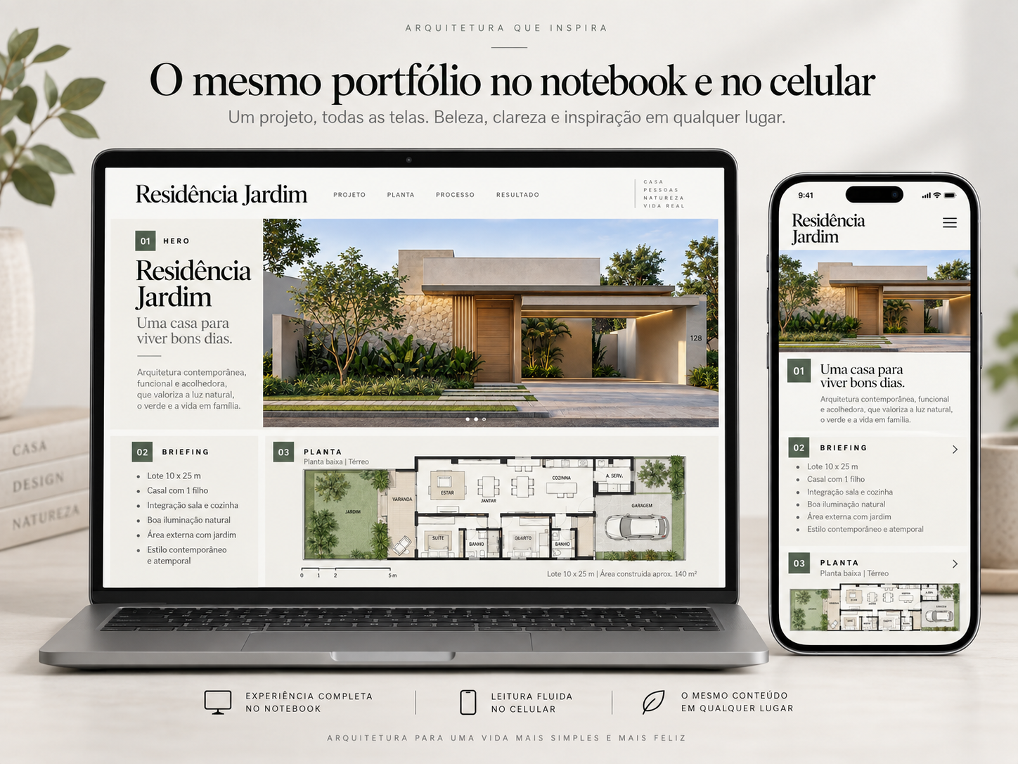 Portfólio online de arquitetura: como montar, o que incluir e onde publicar 3 mesmo portfólio em notebook e celular para reforçar a importância da leitura mobile.