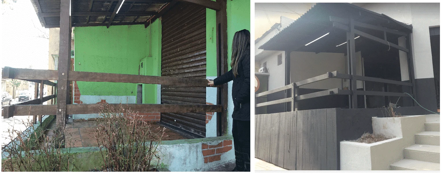 Área externa antes e depois da reforma Antes e depois da área externa do bar com paletes pintados de preto
