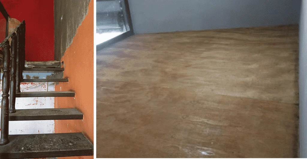Escada e piso do mezanino durante a reforma Escada antes da pintura e piso reforçado do mezanino durante a reforma do bar