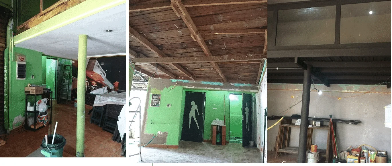 Reforma do teto sob o mezanino Antes e durante a reforma da parte inferior do mezanino com retirada do forro e estrutura de madeira aparente