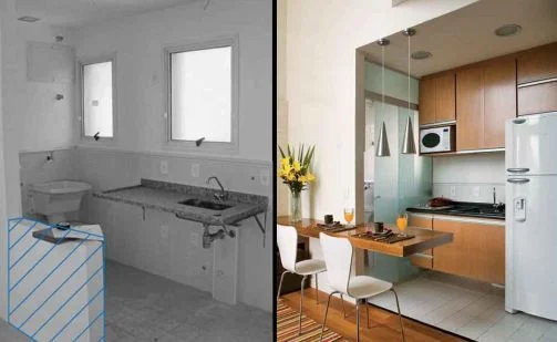 Antes e depois de reforma de cozinha Comparação de cozinha antes e depois de reforma com nova marcenaria, bancada e área para refeições