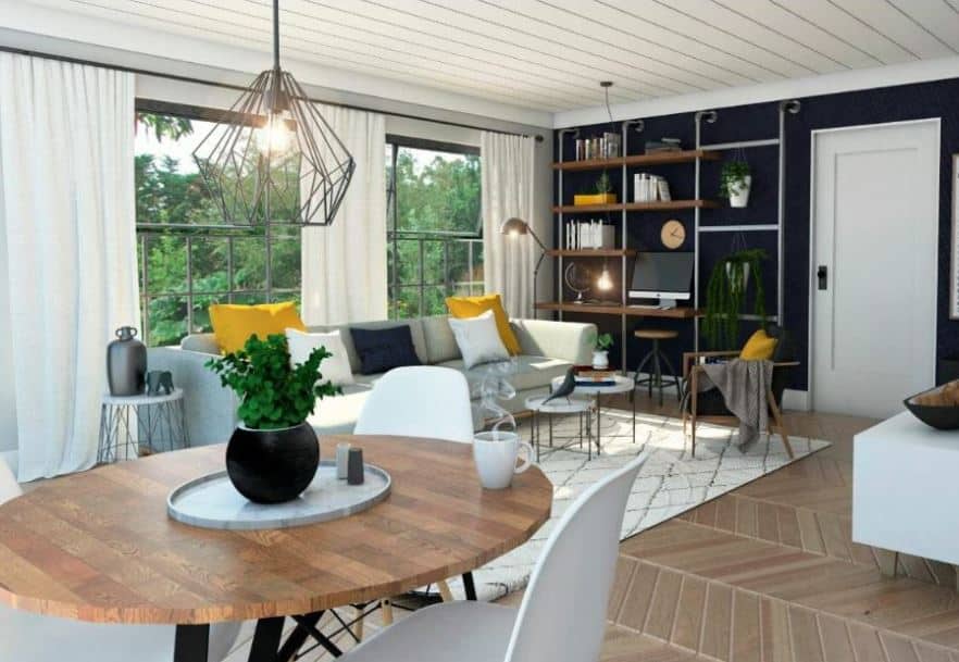 Sala de estar com parede escura em destaque. Apartamento Stúdio Funcional - 10 Dicas de como projetar!
