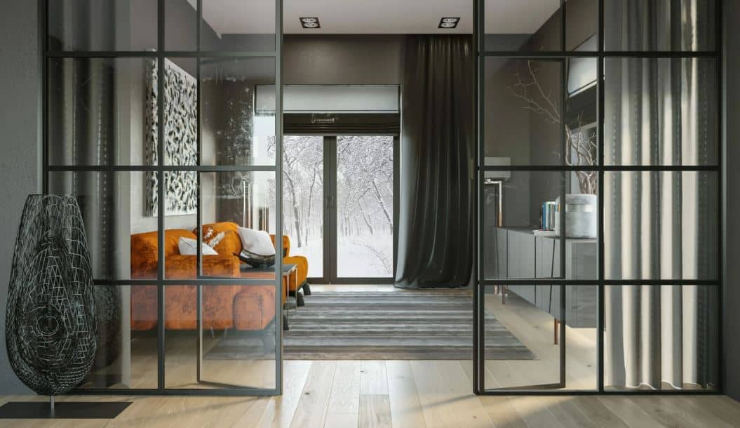 sala toda cinza com um sofá na cor mostarda Apartamento Stúdio Funcional - 10 Dicas de como projetar!