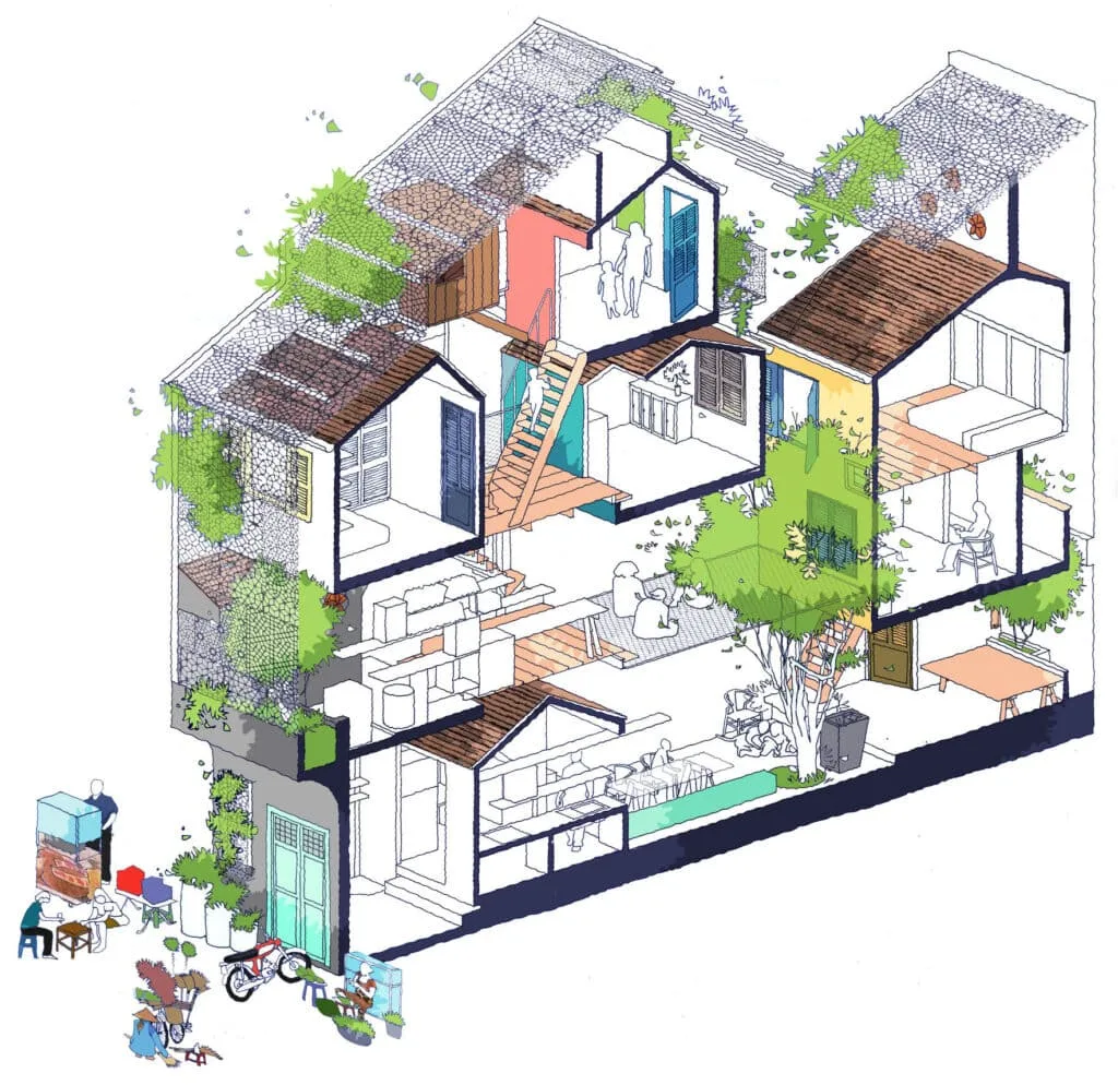 Desenho arquitetônico em corte mostrando ambientes, circulação, vegetação e diferentes usos de uma edificação