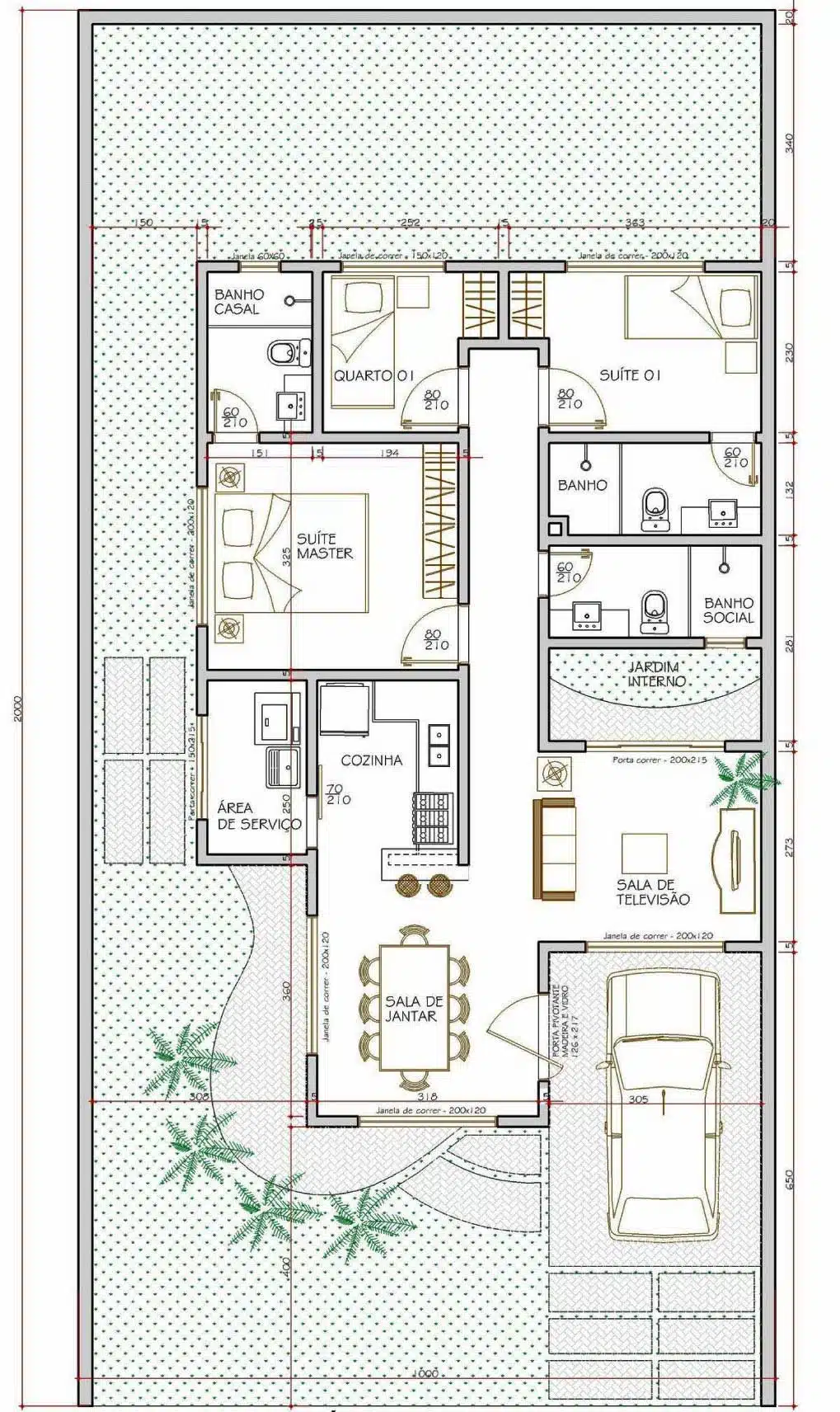 Planta de casa com três quartos e jardim interno Planta residencial alongada com três quartos, suíte master, jardim interno, sala e cozinha
