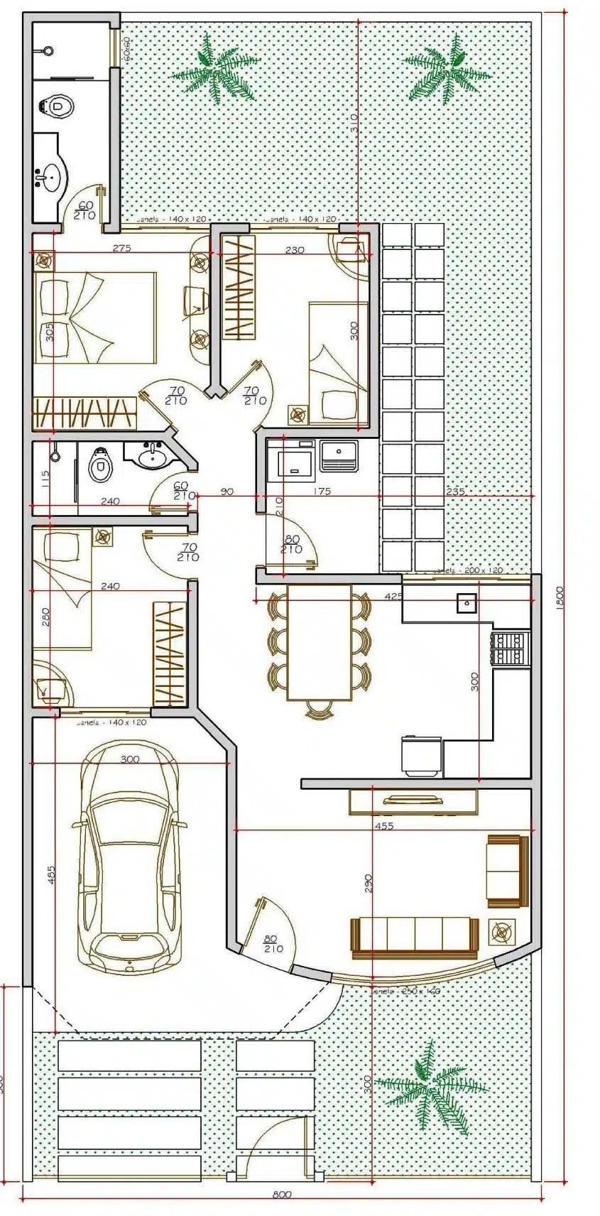 Planta residencial de três quartos com garagem Modelo de planta residencial com três quartos, uma suíte, jardim e garagem frontal
