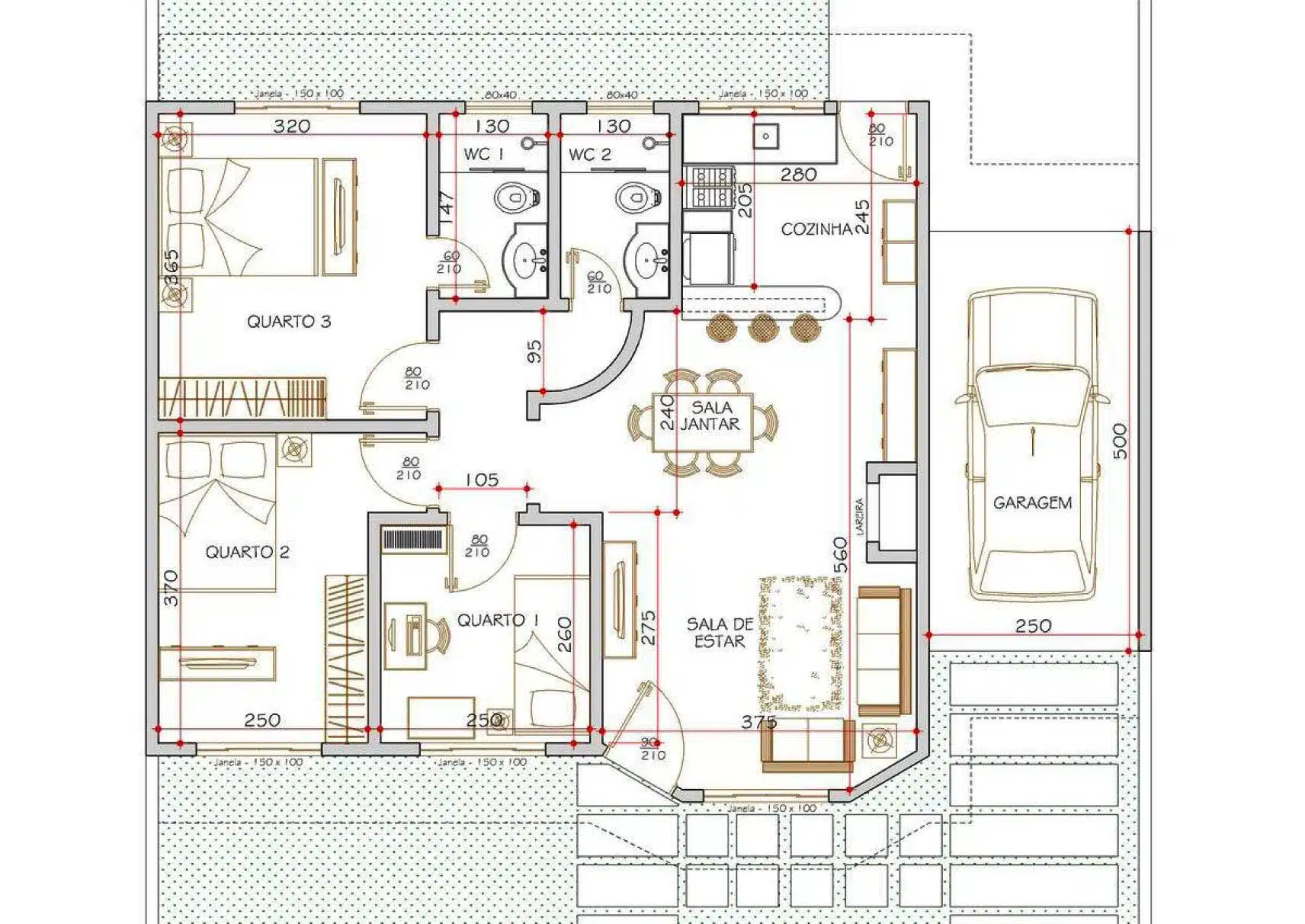Planta de três quartos com área social integrada Planta de casa de três quartos com suíte, garagem e ambientes sociais integrados