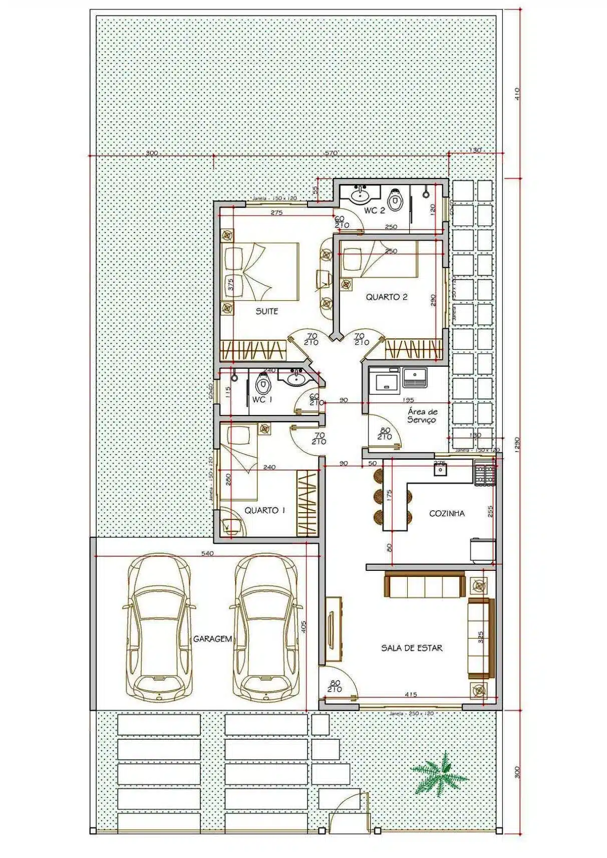 Planta residencial com quintal nos fundos Planta de casa com três quartos, duas vagas, sala integrada à cozinha e grande quintal nos fundos