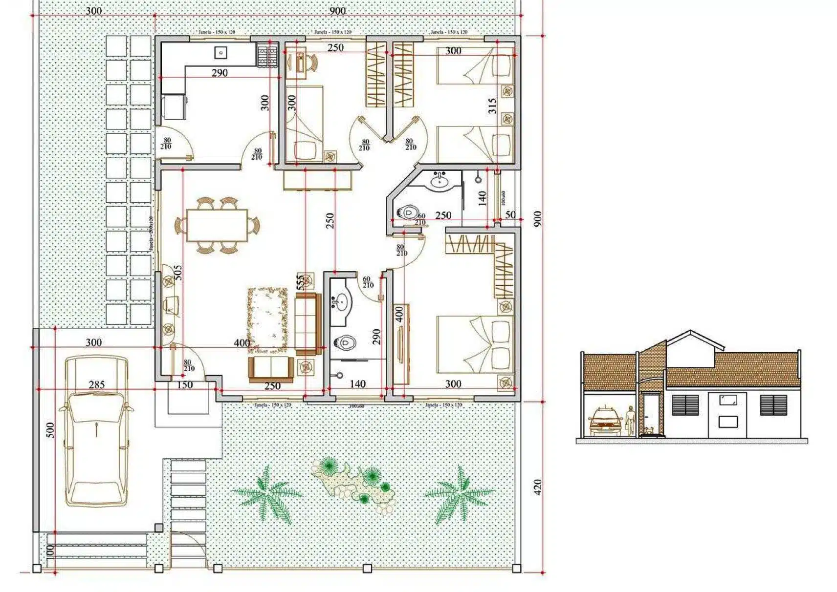 Planta de casa compacta com jardim frontal Planta de casa compacta com três quartos, garagem lateral e grande jardim frontal