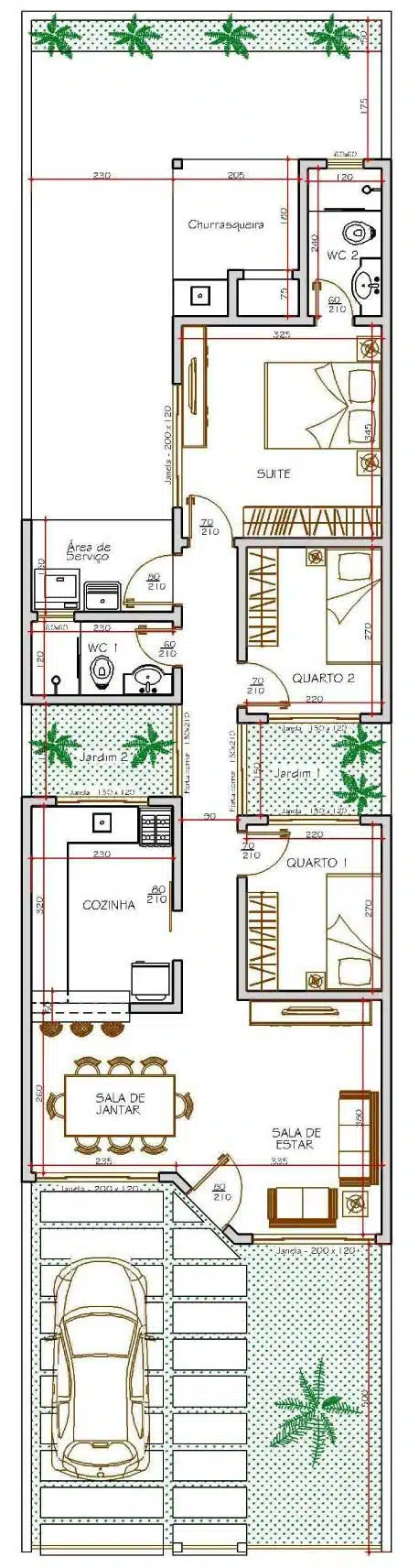 Planta comprida com jardim interno Planta de casa estreita e comprida com três quartos, jardim interno, garagem e churrasqueira