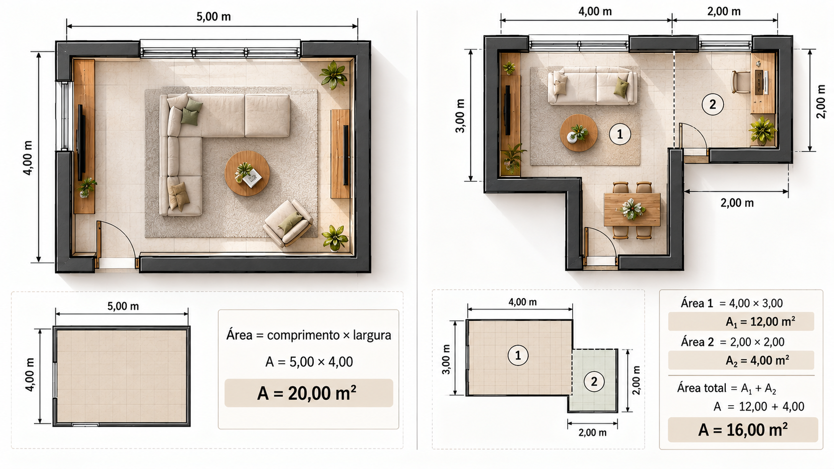 Matemática Básica para Arquitetura: o que você precisa saber? 4 Planta arquitetônica mostrando como calcular a área de um ambiente de 5 por 4 metros