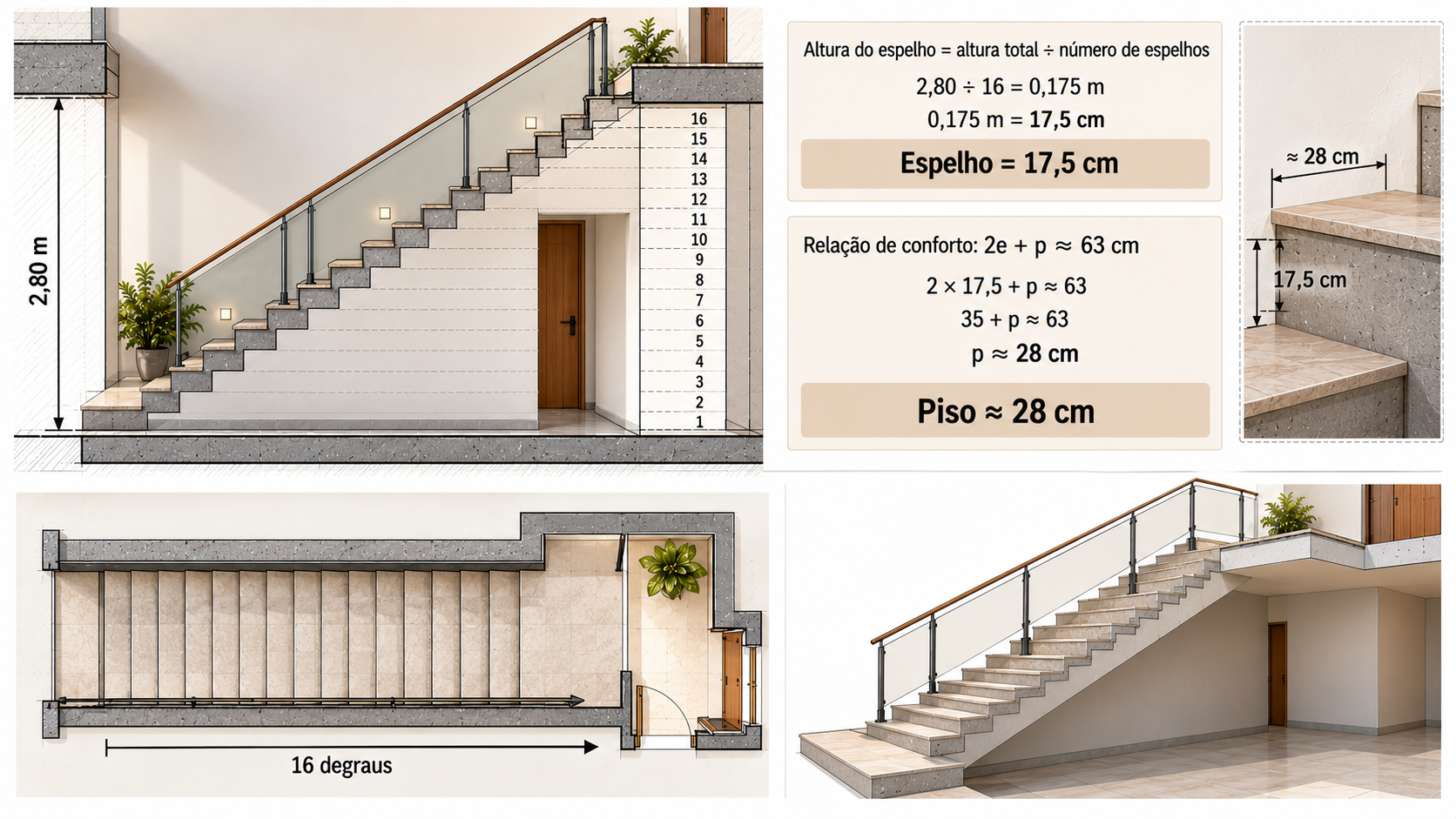 Matemática Básica para Arquitetura: o que você precisa saber? 9 Corte técnico de escada mostrando cálculo do espelho de 17,5 cm e piso de aproximadamente 28 cm