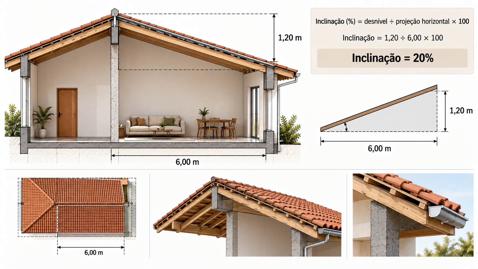 Matemática Básica para Arquitetura: o que você precisa saber? 7 Corte de telhado mostrando cálculo de inclinação de 20% com desnível de 1,20 metro e projeção de 6 metros