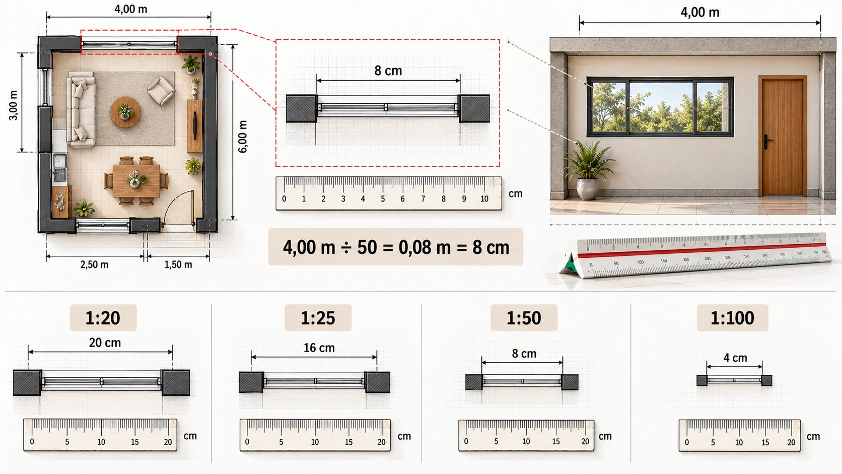 Matemática Básica para Arquitetura: o que você precisa saber? 3 Exemplo de escala arquitetônica 1:50 comparando uma parede de 8 cm no desenho com 4 metros na realidade