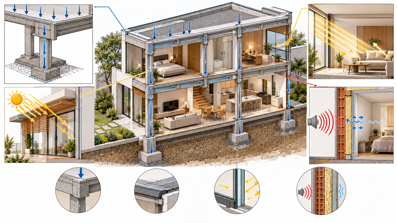 Matemática Básica para Arquitetura: o que você precisa saber? 15 Corte arquitetônico mostrando forças, iluminação, conforto térmico e acústica aplicados à arquitetura