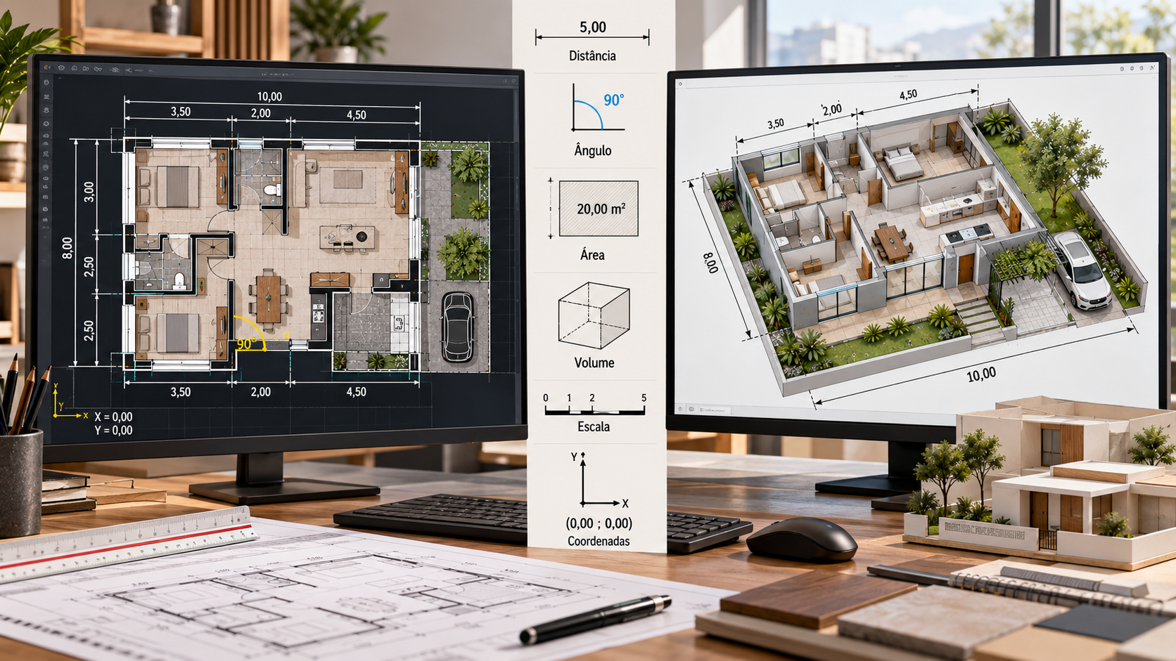 Matemática Básica para Arquitetura: o que você precisa saber? 14 Planta CAD e modelo BIM mostrando medidas, áreas, ângulos e proporções na arquitetura
