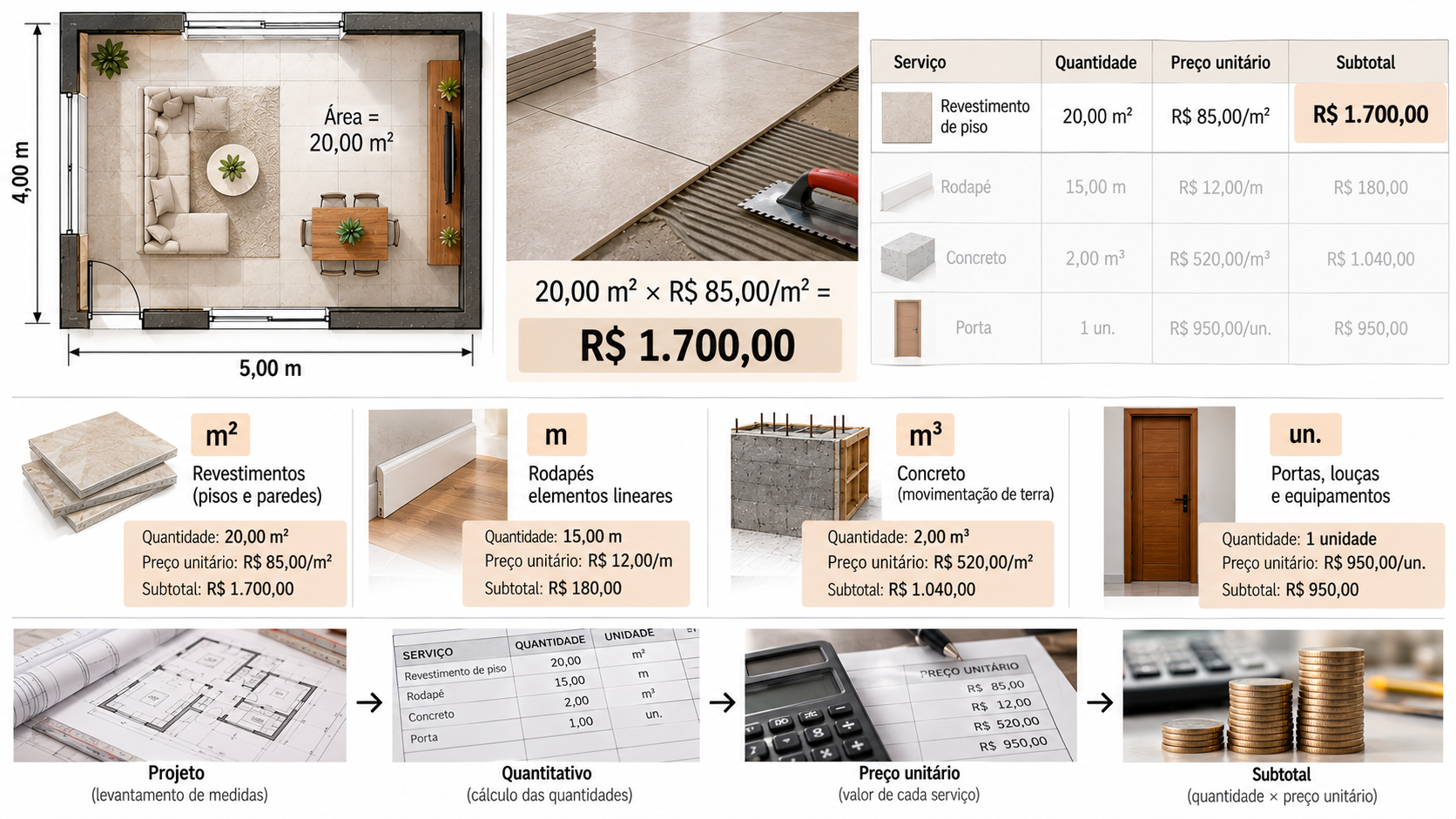 Matemática Básica para Arquitetura: o que você precisa saber? 13 Exemplo de cálculo de orçamento de obra relacionando quantidade, preço unitário e subtotal
