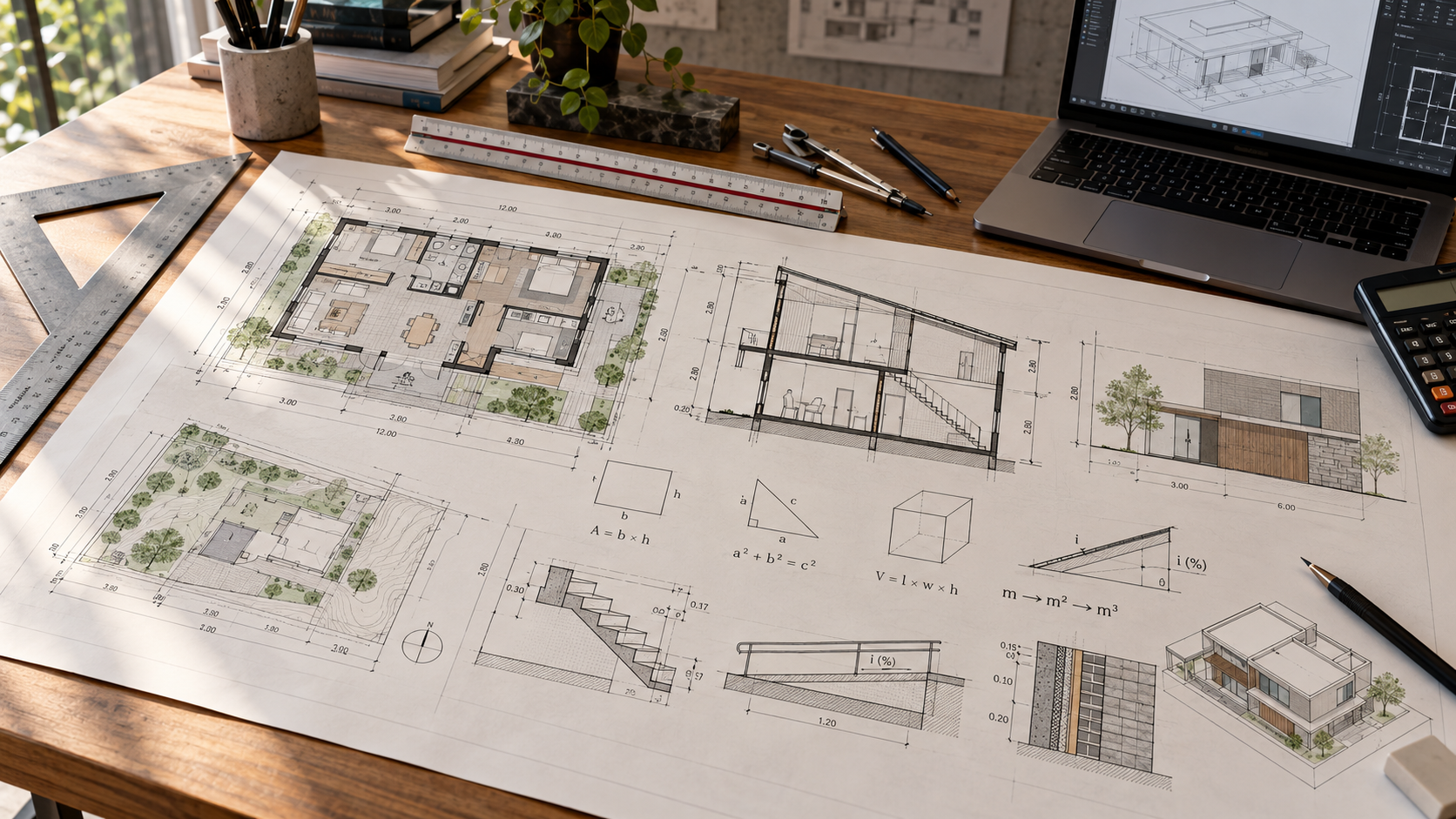 Matemática Básica para Arquitetura: o que você precisa saber? 19 Prancha arquitetônica reunindo matemática, medidas, geometria, escala e cálculos aplicados ao projeto