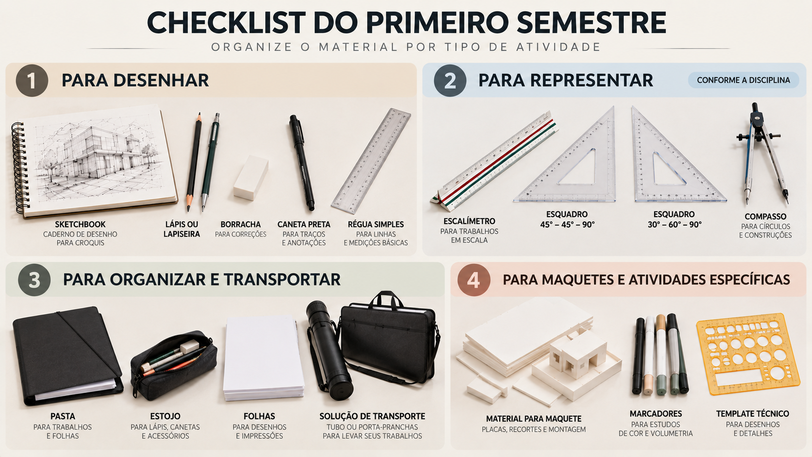 Materiais para Arquitetura: o que todo estudante realmente precisa? 11 Checklist visual de materiais para o primeiro semestre de Arquitetura organizado por tipo de atividade