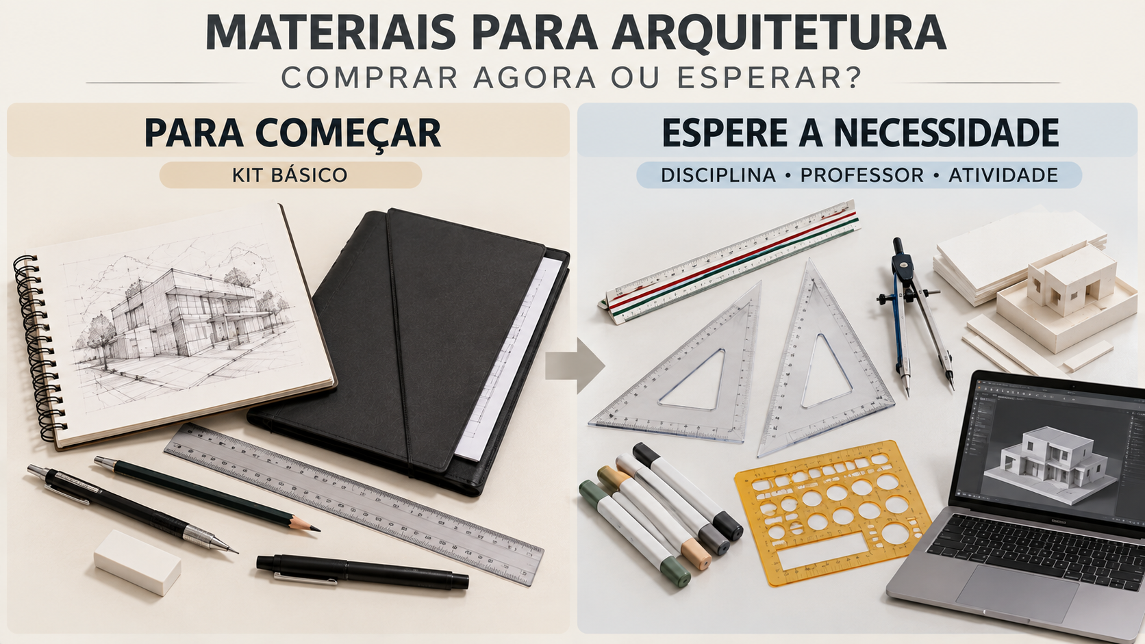 Materiais para Arquitetura: o que todo estudante realmente precisa? 10 Comparativo entre materiais básicos para começar Arquitetura e itens que podem esperar a necessidade das disciplinas
