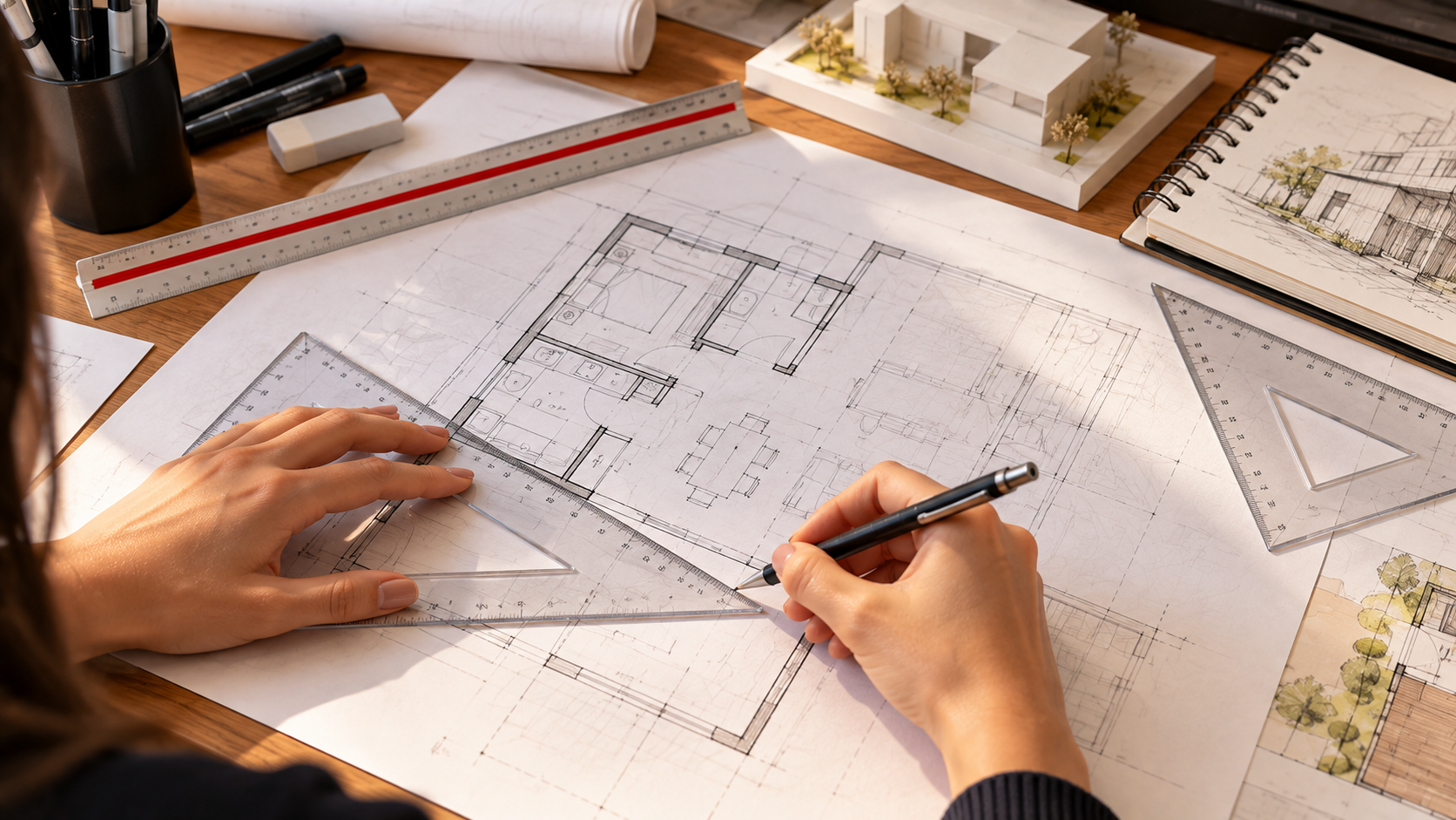 Materiais para Arquitetura: o que todo estudante realmente precisa? 2 Estudante de Arquitetura utilizando esquadro e lapiseira para desenvolver desenho técnico