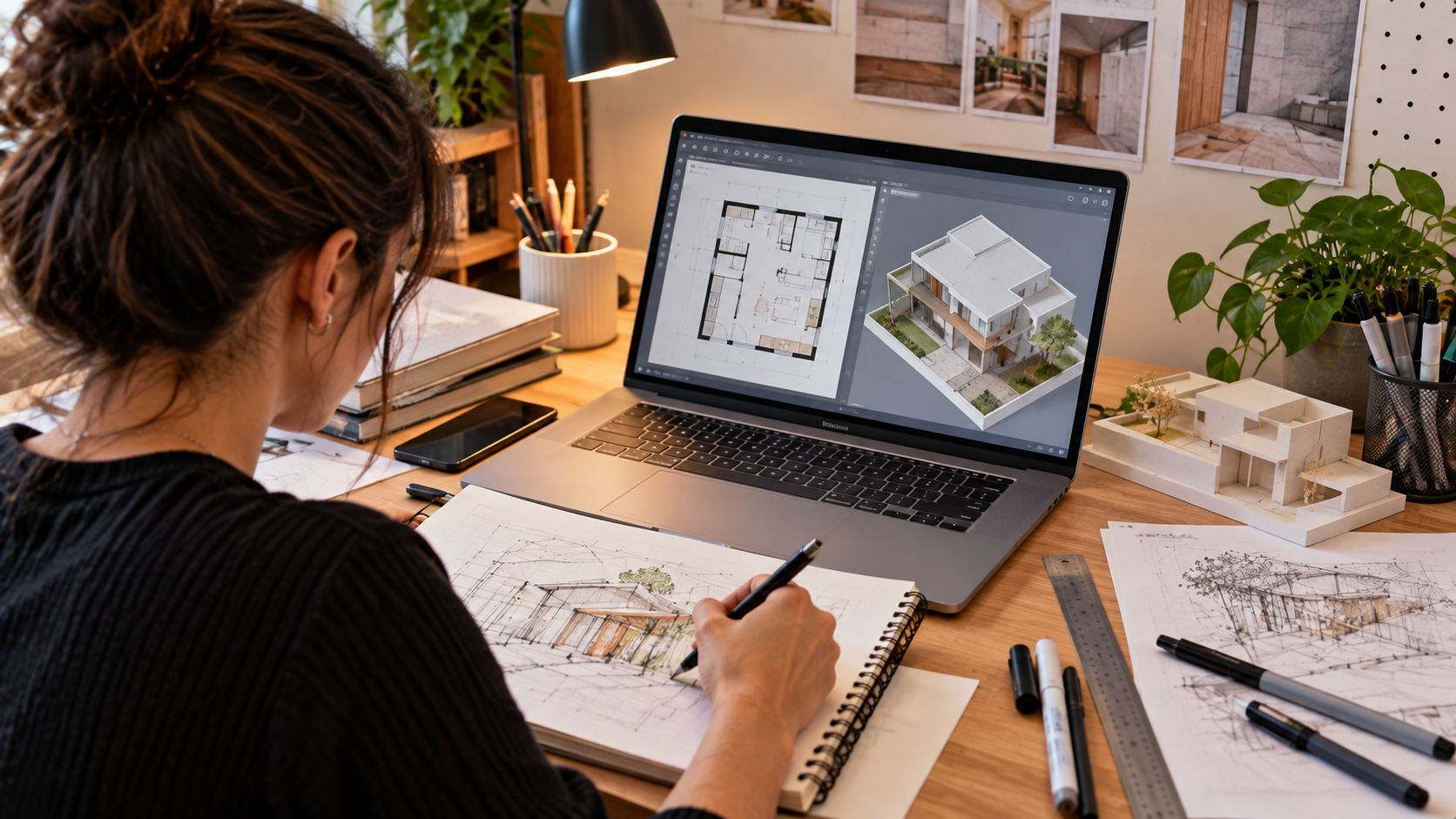 Materiais para Arquitetura: o que todo estudante realmente precisa? 8 Estudante de Arquitetura trabalhando em notebook com planta e modelo 3D de projeto arquitetônico