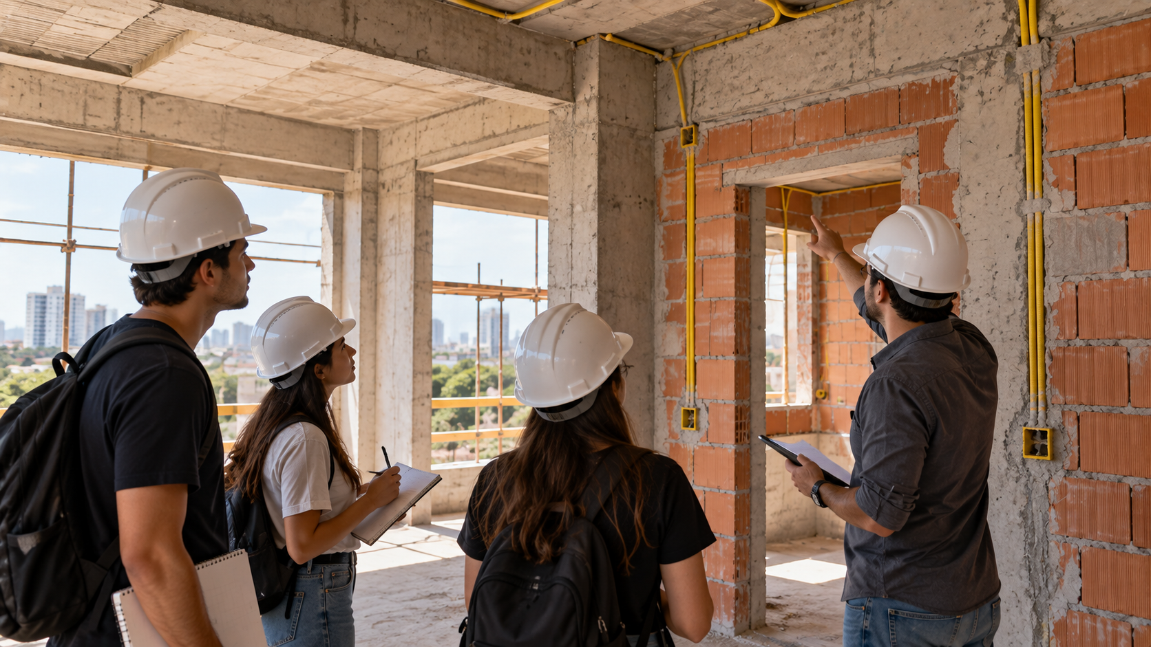 Materiais para Arquitetura: o que todo estudante realmente precisa? 7 Estudantes de Arquitetura em visita técnica a obra brasileira observando estrutura e alvenaria