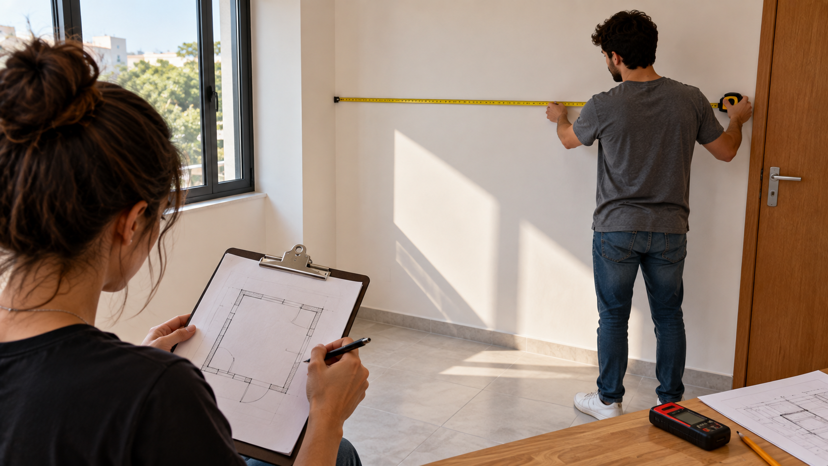 Materiais para Arquitetura: o que todo estudante realmente precisa? 6 Estudantes de Arquitetura realizando levantamento de ambiente com trena e prancheta