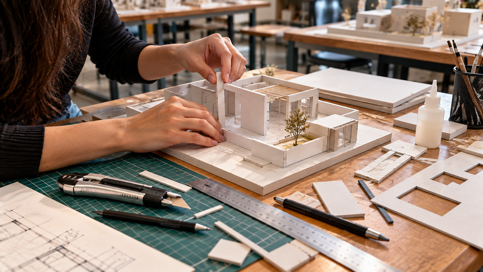 Materiais para Arquitetura: o que todo estudante realmente precisa? 5 Estudante de Arquitetura montando maquete com base de corte, régua metálica e placas para modelagem