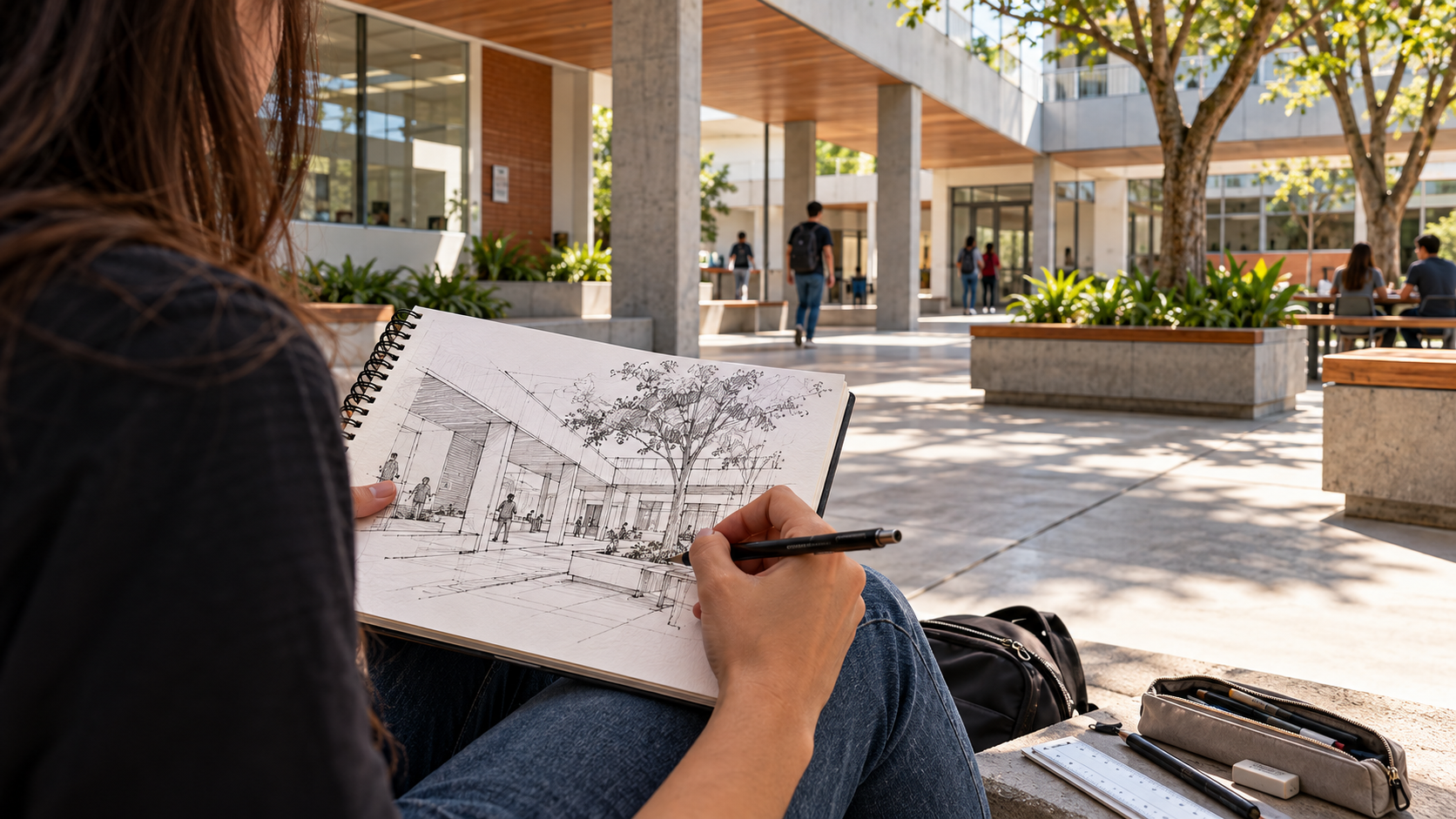 Materiais para Arquitetura: o que todo estudante realmente precisa? 4 Estudante de Arquitetura fazendo croqui de observação em sketchbook diante de um espaço universitário