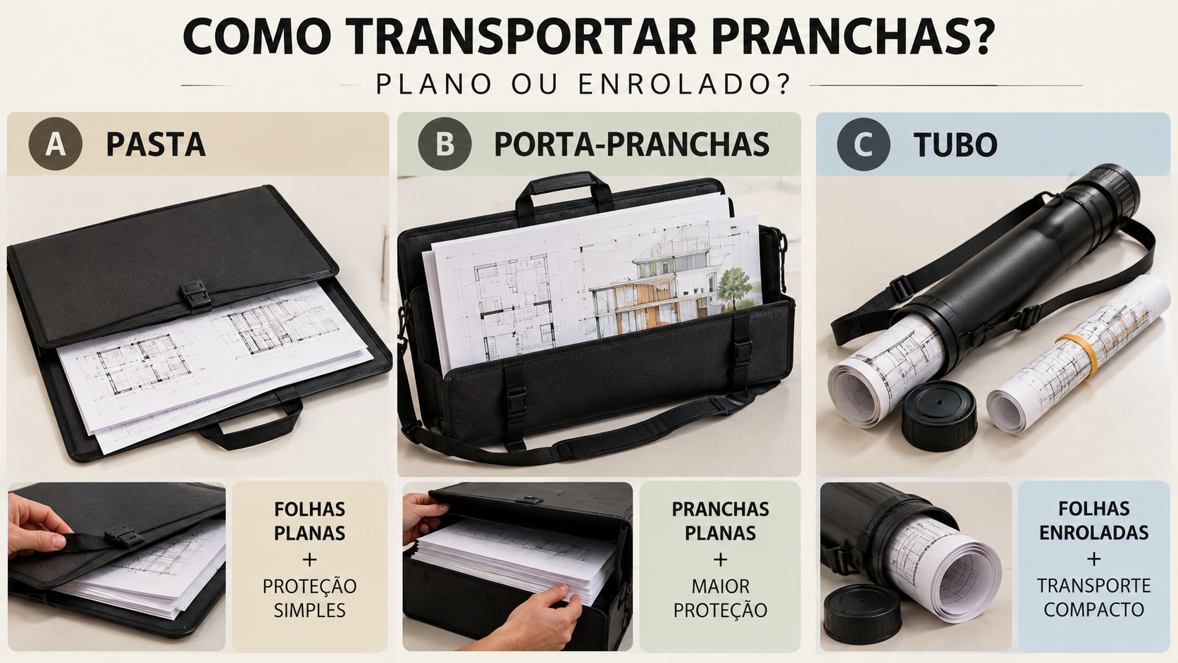 Materiais para Arquitetura: o que todo estudante realmente precisa? 9 Comparação entre pasta, porta-pranchas e tubo para transportar desenhos de Arquitetura