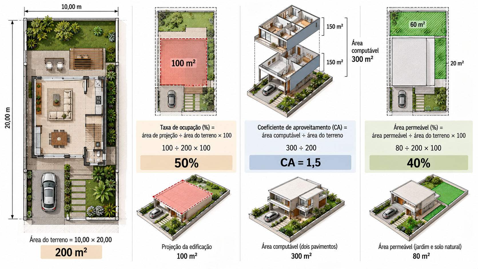 Matemática Básica para Arquitetura: o que você precisa saber? 11 Infográfico comparando taxa de ocupação, coeficiente de aproveitamento e área permeável em um terreno residencial