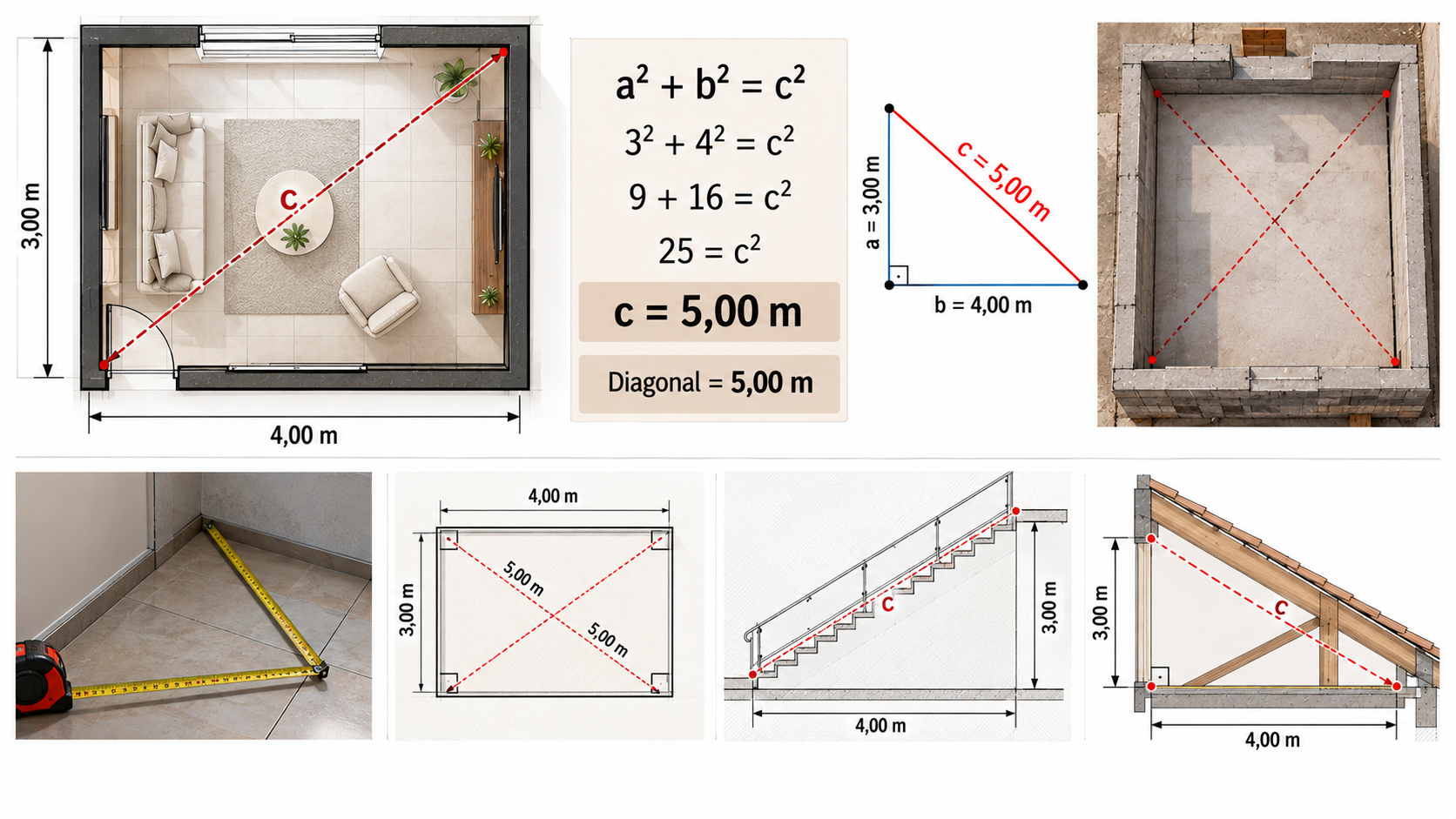 Matemática Básica para Arquitetura: o que você precisa saber? 10 Teorema de Pitágoras aplicado à diagonal de uma planta arquitetônica de 3 por 4 metros