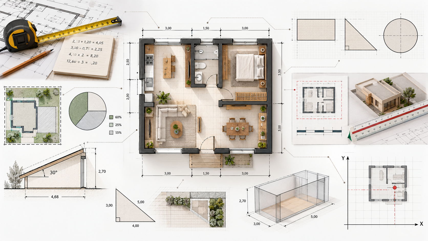 Matemática Básica para Arquitetura: o que você precisa saber? 1 Infográfico mostrando geometria, escala, trigonometria, proporção e outras áreas da matemática aplicadas à arquitetura