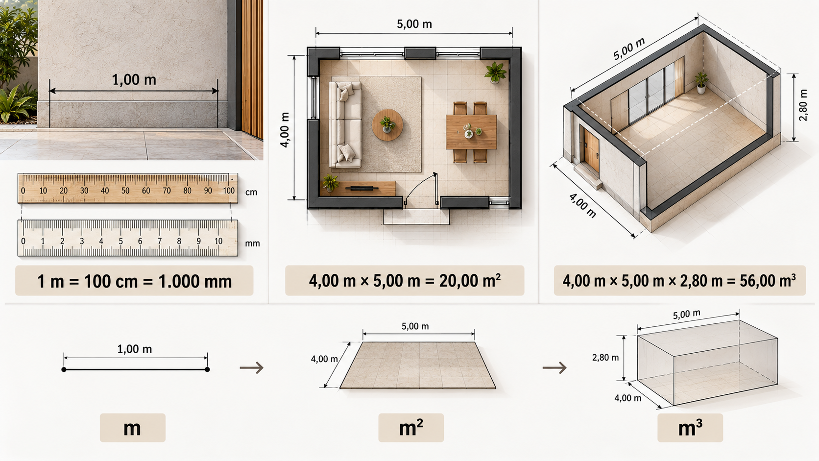 Matemática Básica para Arquitetura: o que você precisa saber? 2 Infográfico mostrando a diferença entre metros, centímetros, milímetros, metros quadrados e metros cúbicos na arquitetura