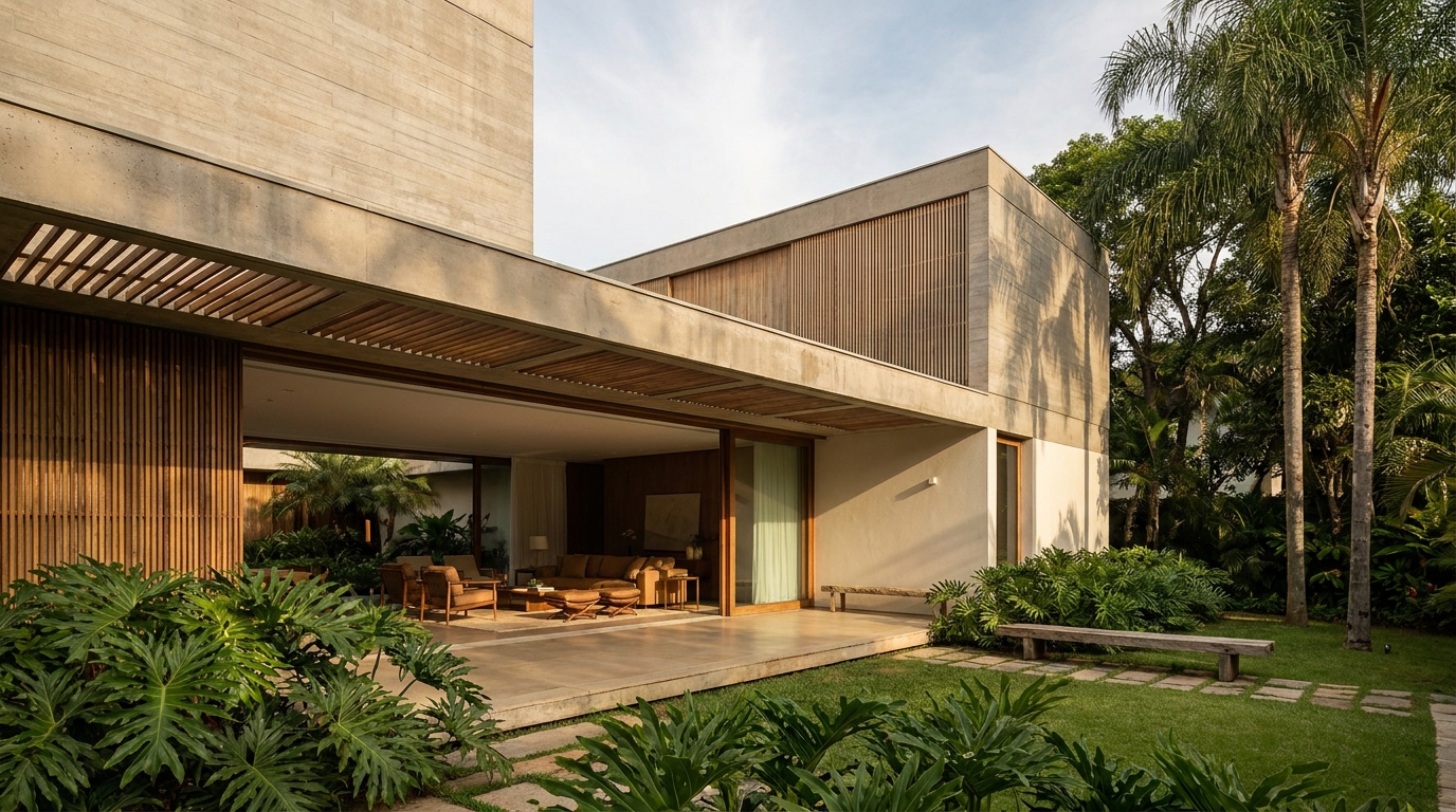 Casa moderna ou contemporânea: qual é a diferença? 1 Casa contemporânea brasileira com influência modernista, concreto, madeira, grandes aberturas protegidas e integração com o jardim.