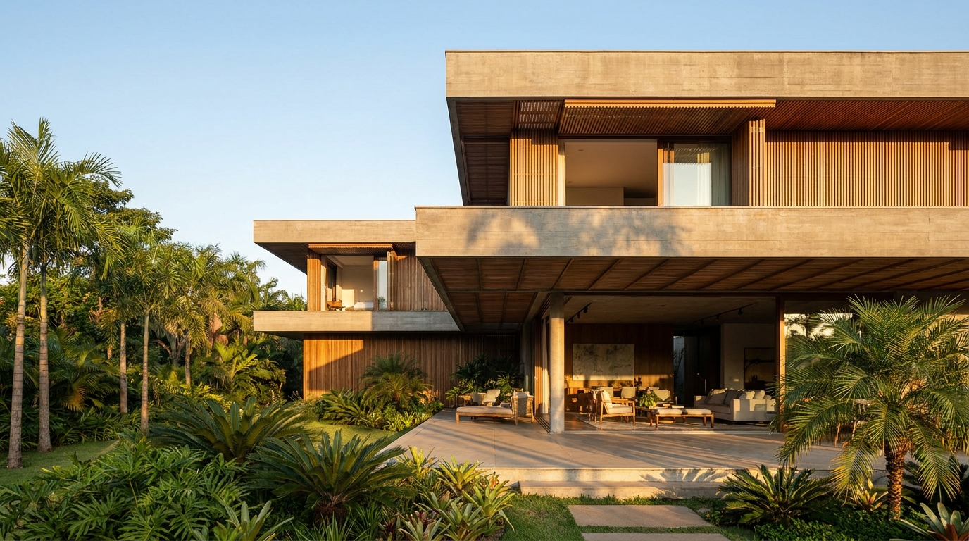 Casa moderna ou contemporânea: qual é a diferença? 2 Casa contemporânea brasileira com influência modernista, concreto, madeira, grandes aberturas protegidas e integração com o jardim.