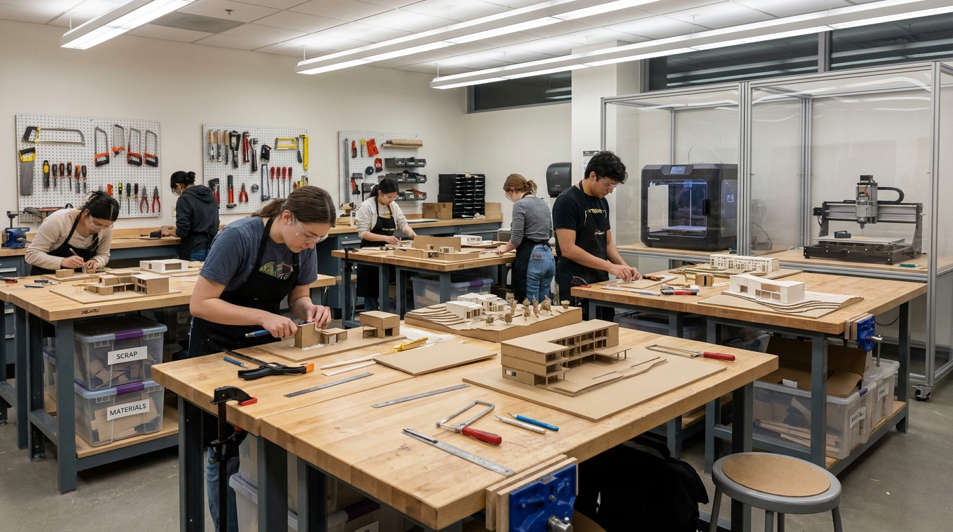 Laboratório de maquetes e fabricação utilizado por estudantes de Arquitetura e Urbanismo