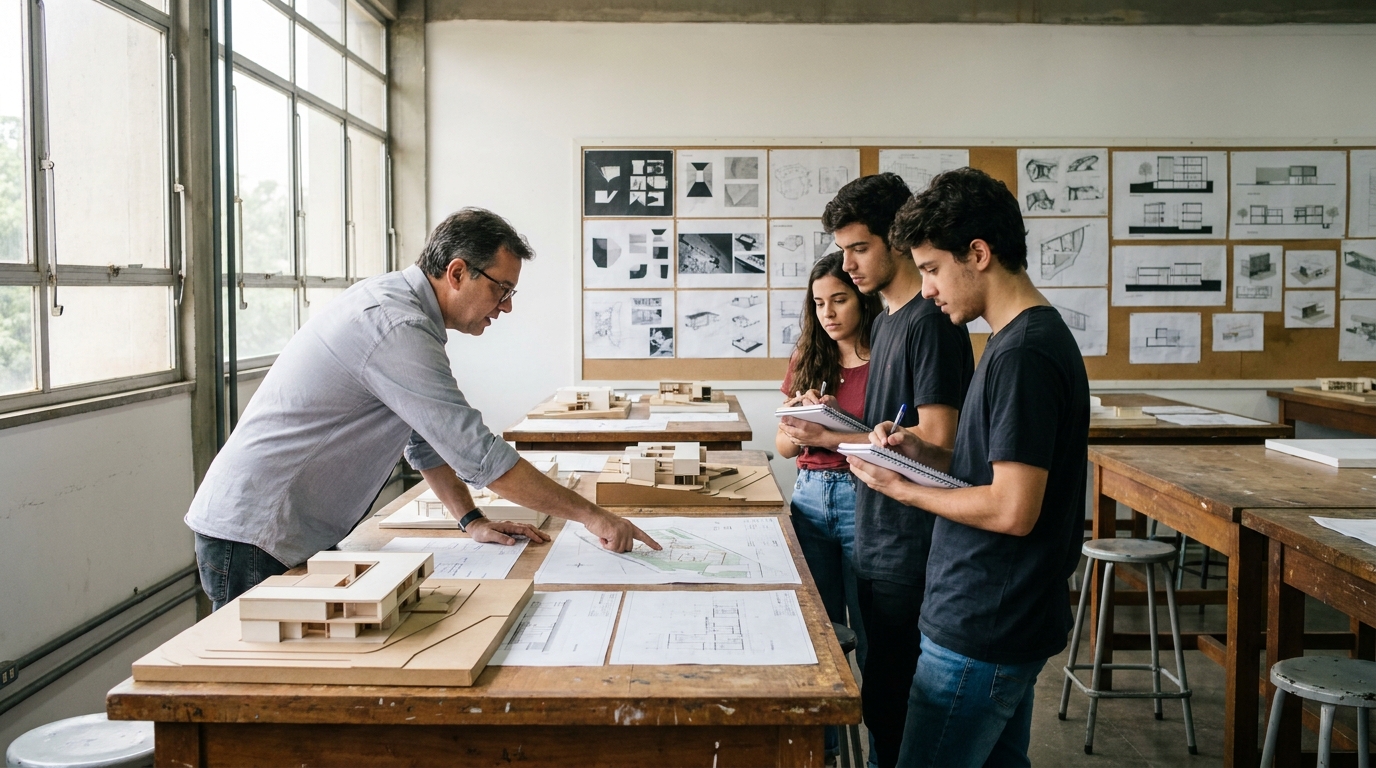 Professor orientando estudantes durante ateliê presencial de projeto de Arquitetura