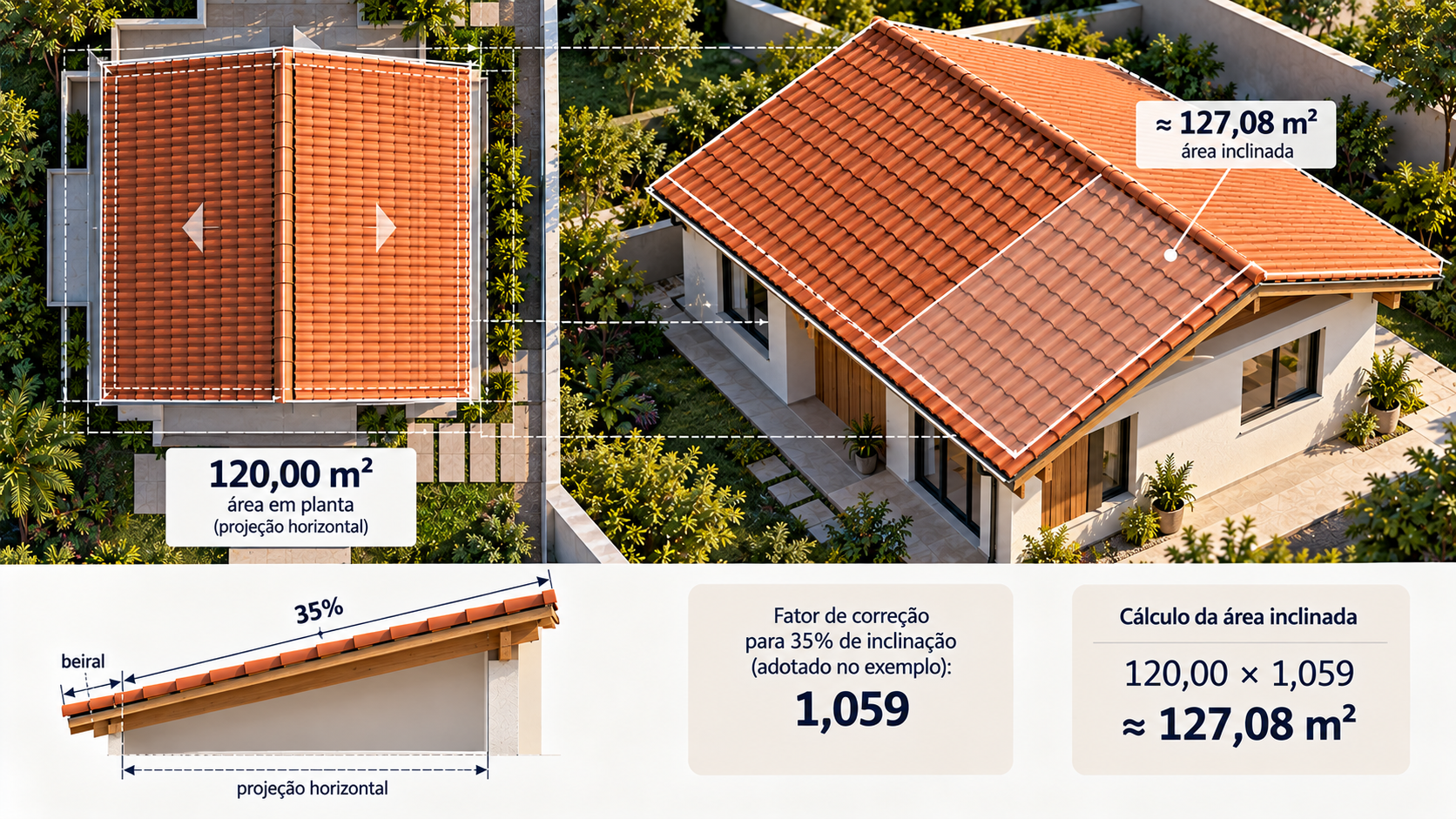 Como calcular a quantidade de telhas de um telhado: passo a passo e exemplos 3 Comparação entre 120 metros quadrados de área em planta e aproximadamente 127,08 metros quadrados de cobertura inclinada