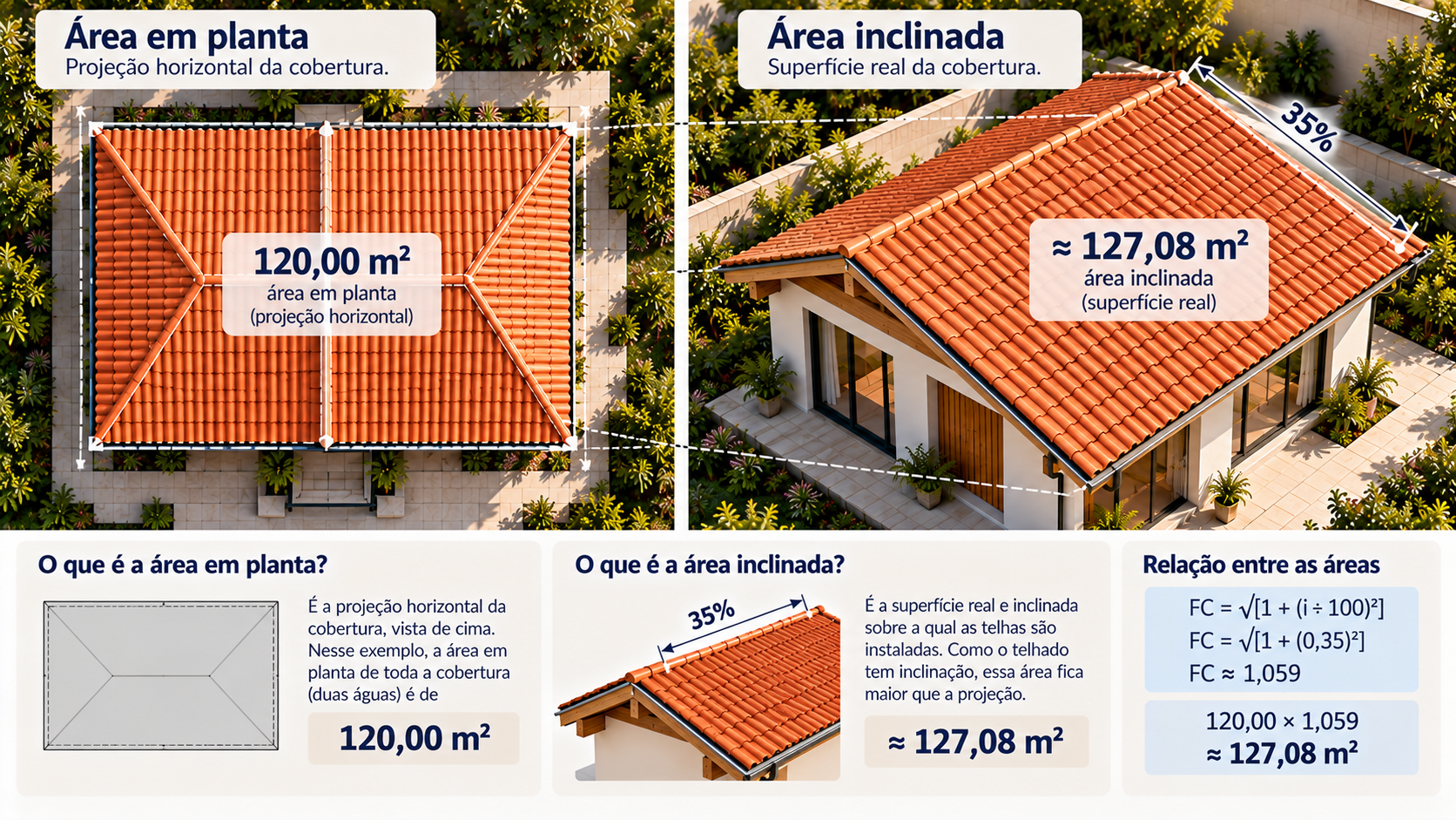 Como calcular a quantidade de telhas de um telhado: passo a passo e exemplos 12 Comparação entre área em planta de 120 metros quadrados e área inclinada de aproximadamente 127,08 metros quadrados