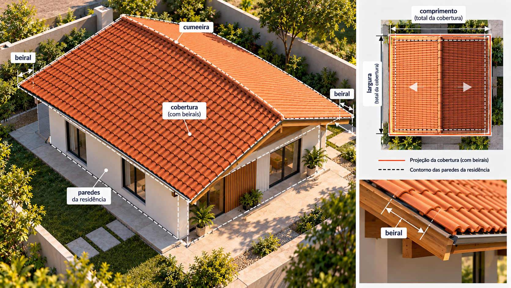Como calcular a quantidade de telhas de um telhado: passo a passo e exemplos 2 Casa vista de cima mostrando diferença entre o contorno das paredes e a cobertura com beirais