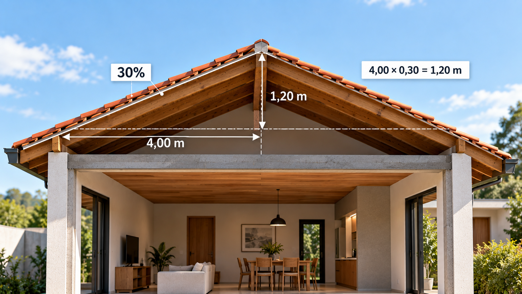 Cálculo da altura da cumeeira em telhado de duas águas com 4 metros de projeção e 30 por cento de inclinação