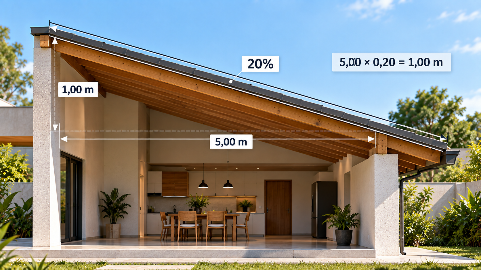 Cálculo de telhado de uma água com 5 metros de projeção horizontal, inclinação de 20 por cento e 1 metro de desnível