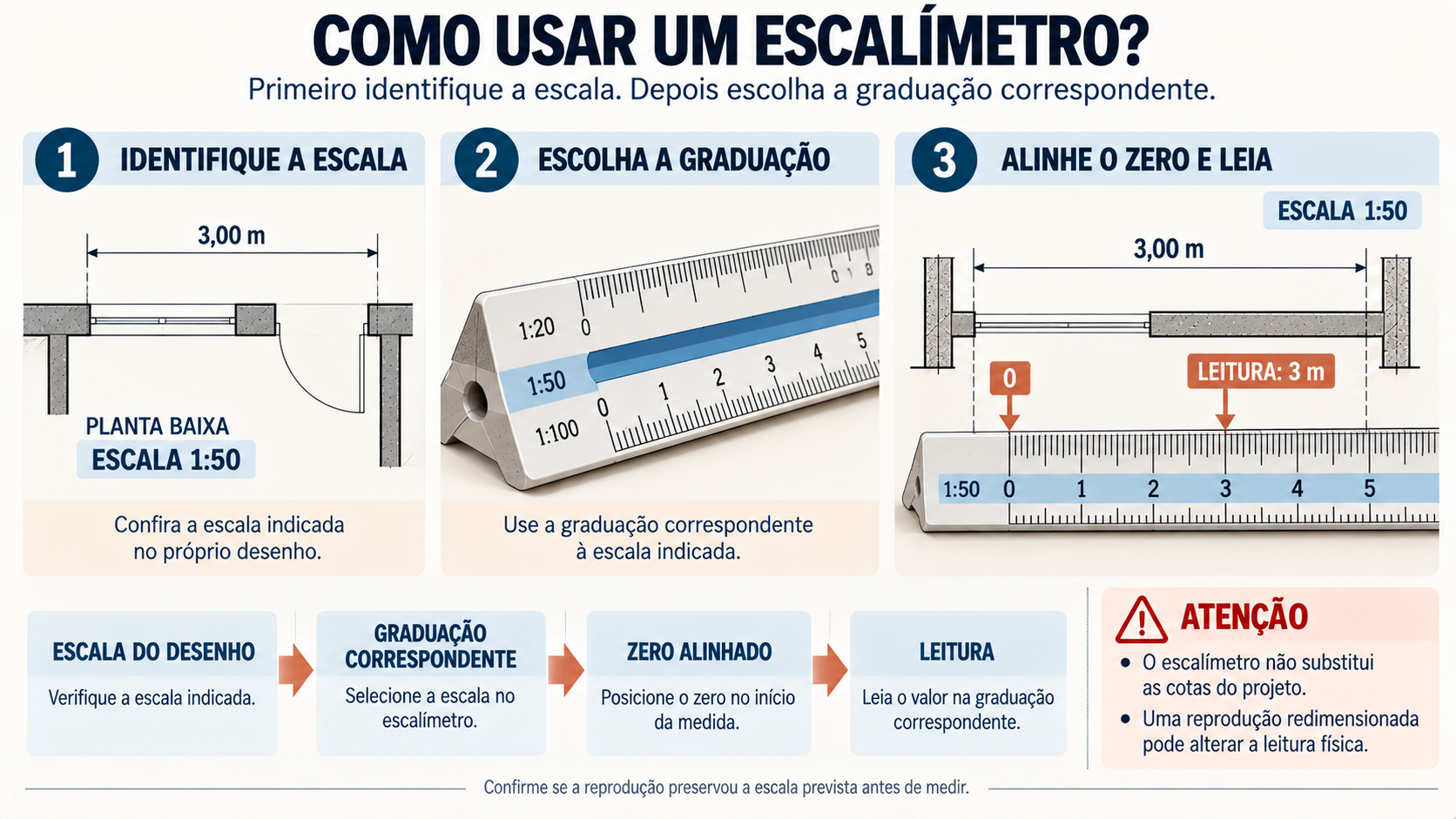Infográfico mostrando como alinhar e ler um escalímetro em uma planta arquitetônica na escala 1:50