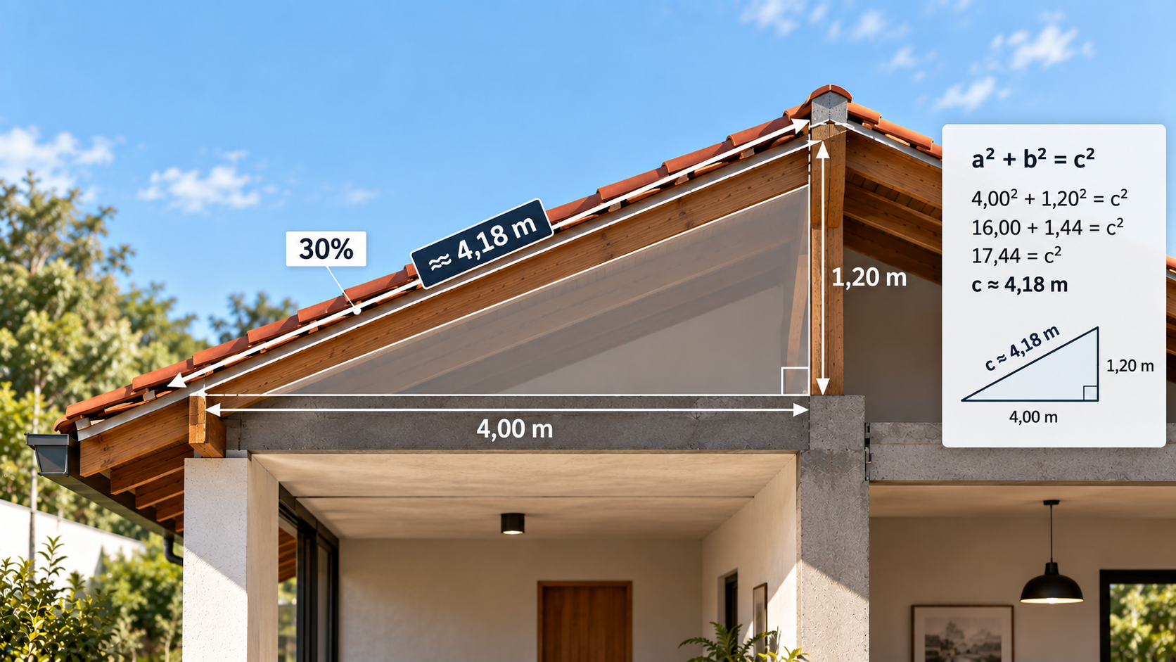 Cálculo do comprimento inclinado do telhado com 4 metros de projeção, 1,20 metro de altura e resultado aproximado de 4,18 metros