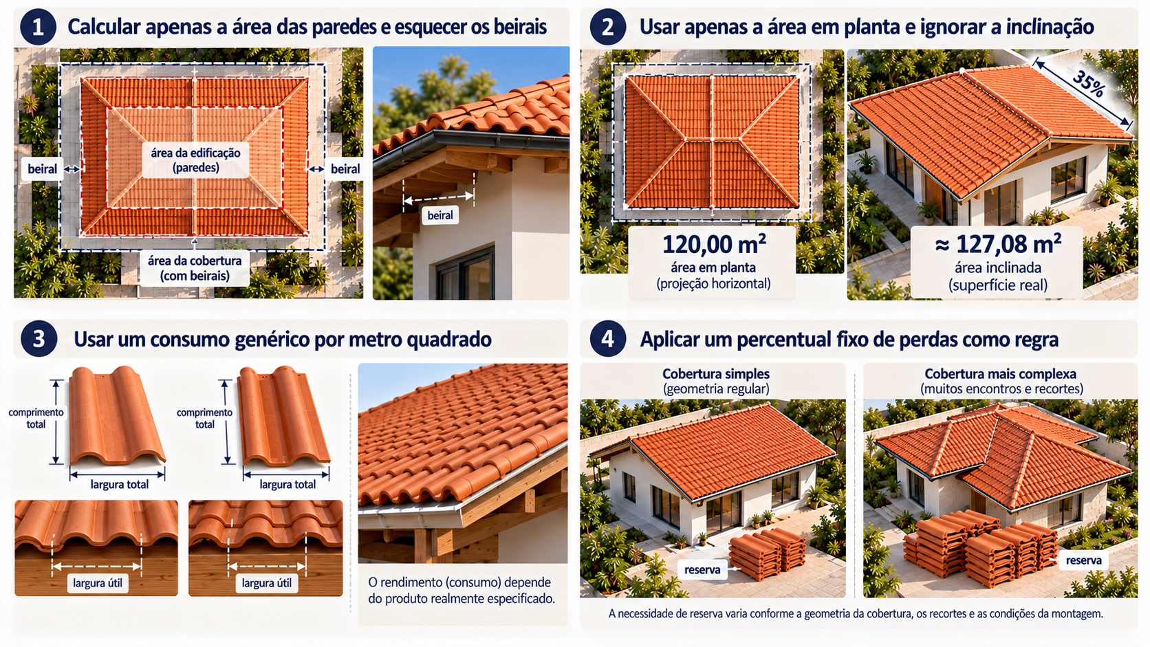 Como calcular a quantidade de telhas de um telhado: passo a passo e exemplos 13 Prancha mostrando erros comuns no cálculo de telhas, incluindo beirais, inclinação, consumo do produto e reserva